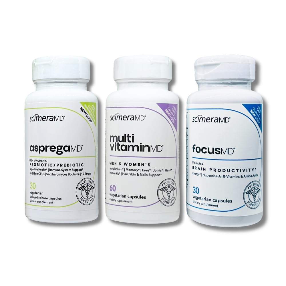 ScimeraMD® AspregaMD 30CT Probiotic + Prebiotic, MultivitaminMD Multiminerals and FocusMD Brain Support Supplement for Digestive Health, Wellness and Cognitive Health Support