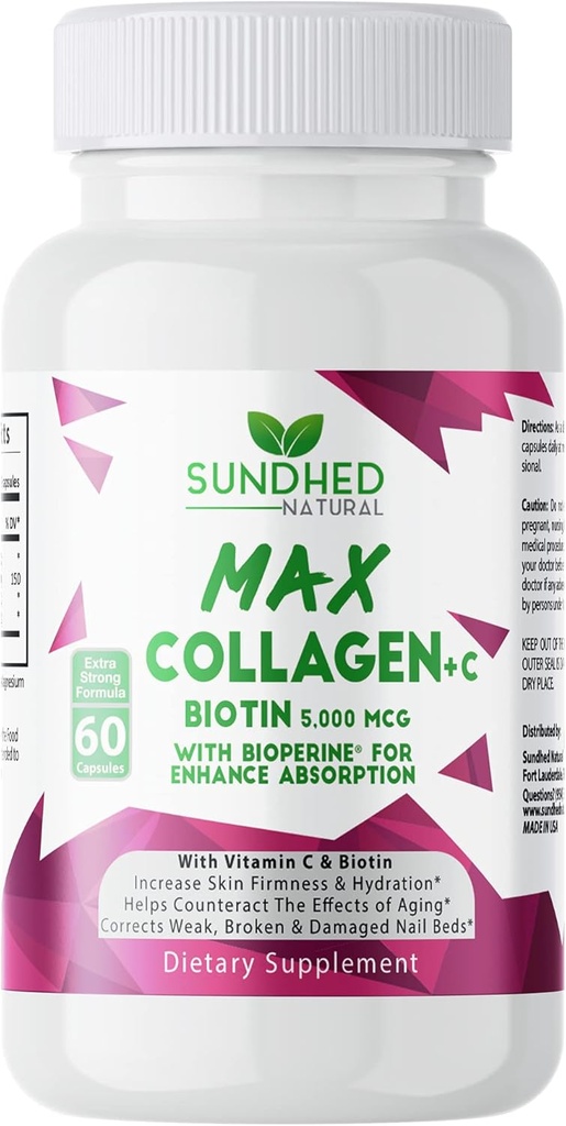 Max Collagen Plus C (60 caps) - Všechny přírodní kolagen Kapsle s Biotin & Bioperin zvýšit proti stárnutí Hydration & Skin Firmness - Kolagen pilulky na posílení kostí a nehtů