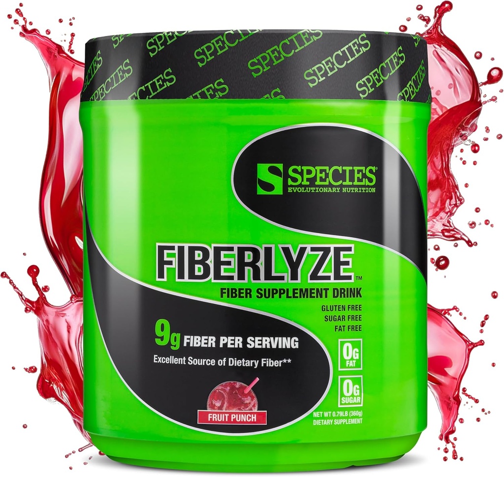 Species Nutrition Fiberlyze Fiber Suplement, Psyllium Based Soluble & Insoluble Fiber Powder for Healleal Colon, Digetical Functions (Fruit Punch, 30 Servings)