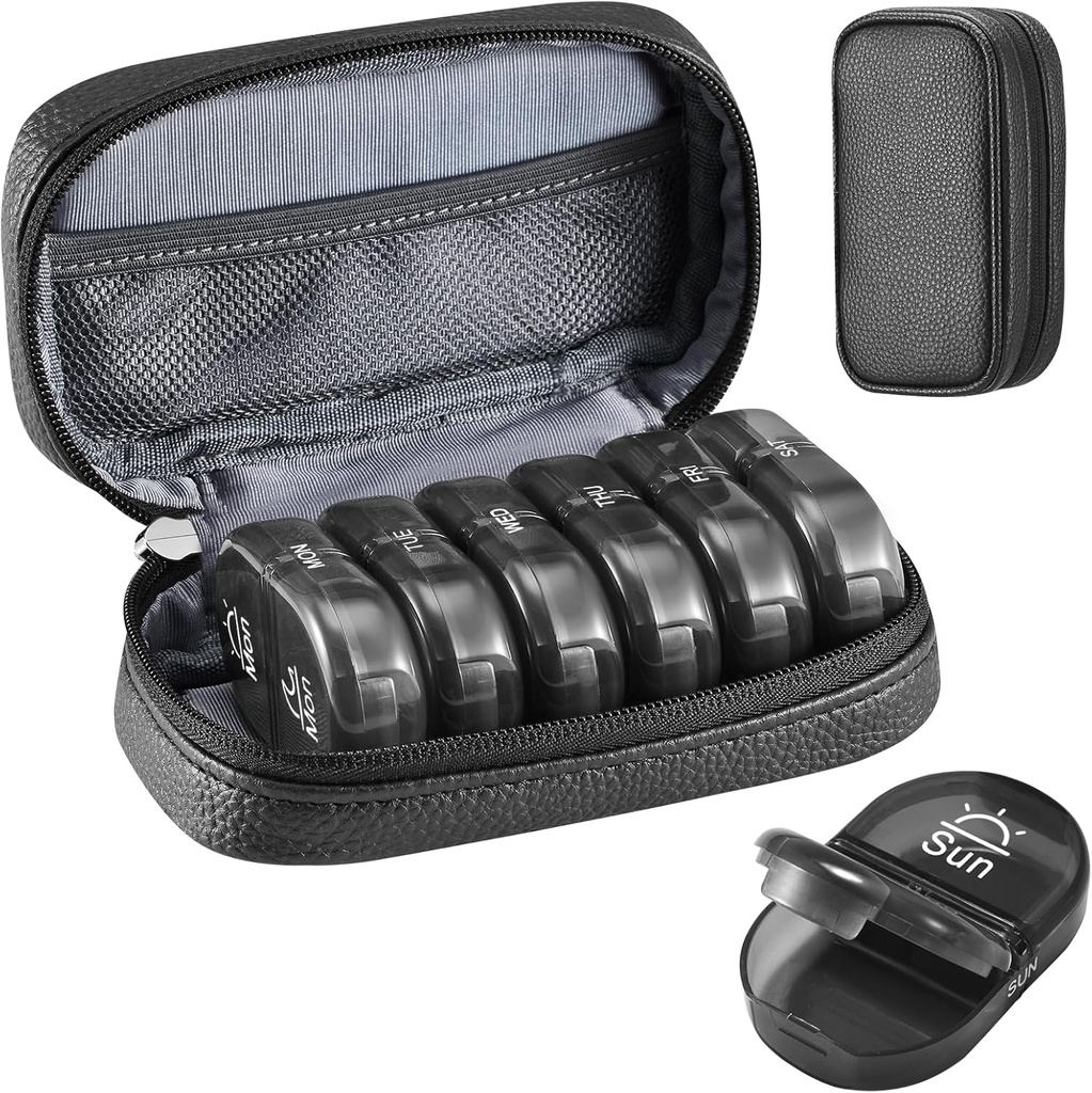 Serfeymi Weekly Travel Pill Organizer 2 Times A Day AM PM hobetua Black Pill Box 7 Day Zipper PU Leather Pill Case, Medicine Organizer for Pills, Vitamins, Fish Oil - Black 01