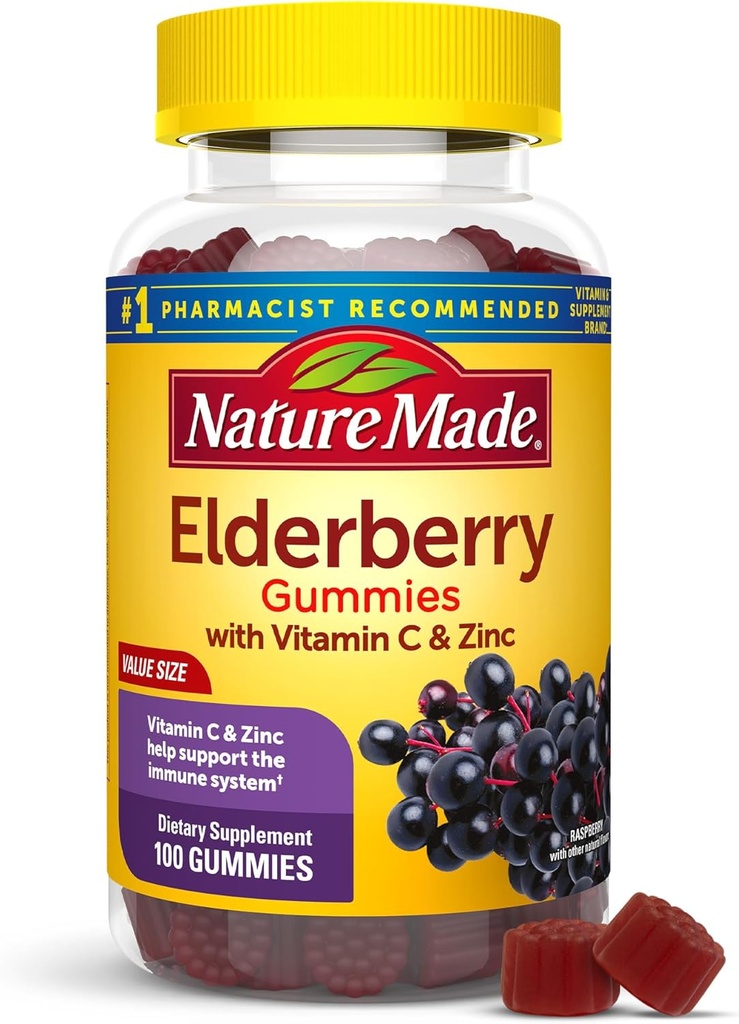Nature Made Elderberry s vitamínem C a zinkem, Dietní dodatek pro imunitní podporu, 100 gumové, 50 denní dodávky