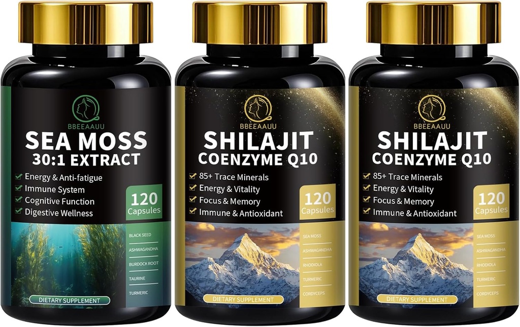 Sea Moss and Shilajit Capsules for Men & Women, All in 1 Supplements with Shilajit, Sea Moss, Coenzyme Q10, Black Seed, Ashwagandha, Burdock for Energy, Antioxidant & Immune Support