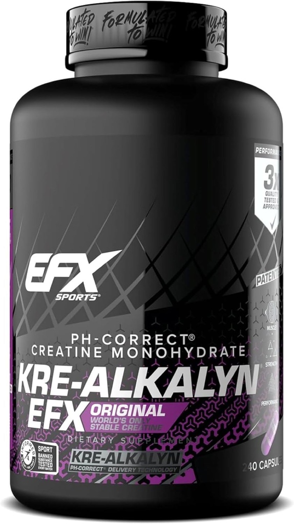 EFX 스포츠 Kre-Alkalyn EFX | PH Correct Creatine Monohydrate Pill Supplement | 힘, 근육 성장 및 성능 | 120 서빙, 240 캡슐