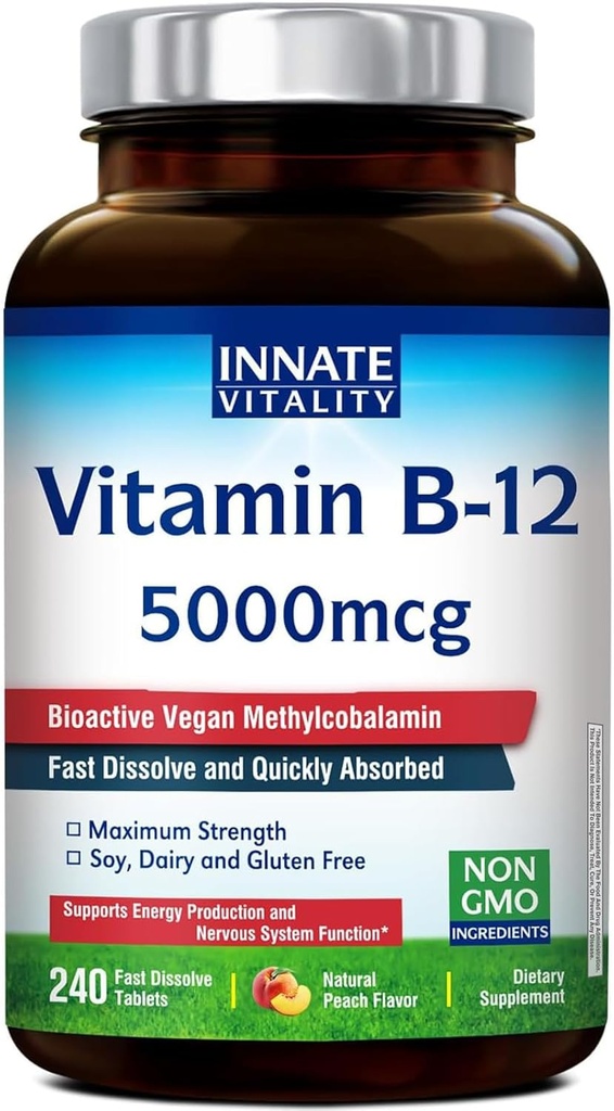Innate Vitality Vitaminai Vitaminas B12 5000µg, Poliežuvinis, Vegan metilkobalaminas, Greitai tirpinti tabletės, Natūralus persikų skonis, Palaiko energijos gamyba & sveika nervų sistema, 240 tablečių