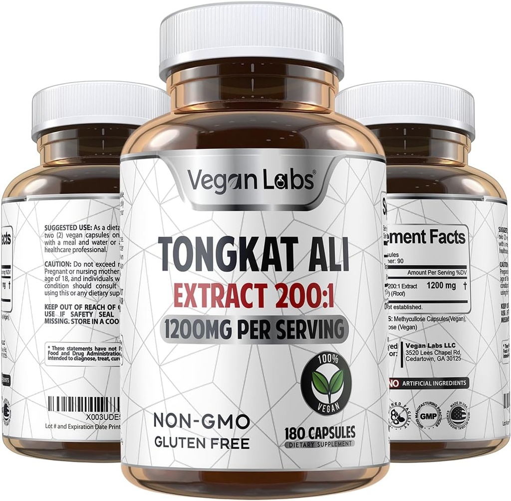 Vegan Labs Tongkat Ali 200: 1 Extract, 1200MG Per Servings- 180 Vegan Capsules- Wsparcie energii i Stamina- Gluten Free, Non-GMO Premium Suplement Jakości