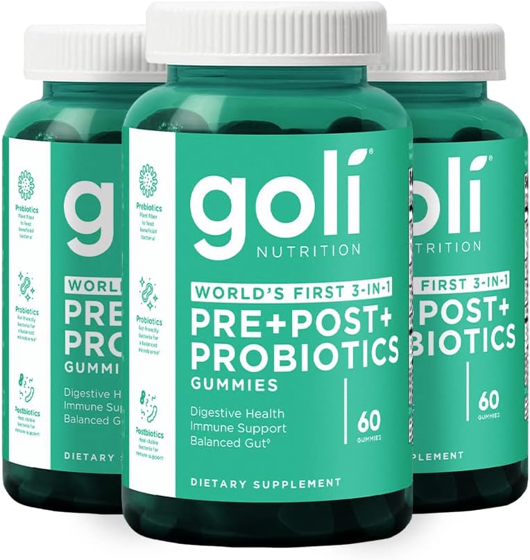 Goli Nutritional Supplement, Pre + Post + Probiotika Gummy - 180 Count - World 's First 3-in-1 Gluten- Free, Vegan, Non- GMO, a Gelatin- Free.