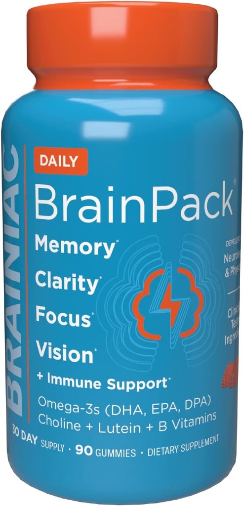 Brainiac Daily BrainPack Gummies, תומך בבריאות המוח עם אומגה 3 DHA EPA DPA, Choline, B6 & B12 ו Lutein עבור בריאות העין עם תמיכה חיסונית, Citrus Berry Flavor, 90 ct.