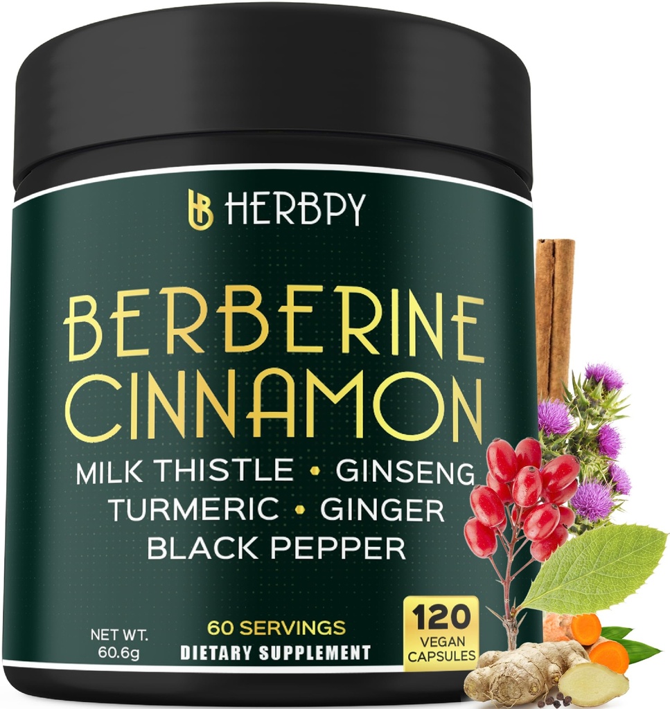 Herbpy 7in1 Premium Berberine HCl with Ceylon Cinnamon Capsules | 120 Count | Weight Management, Digestion, Heart Health, Immune Support* Plus Milk Thistle, Panax Ginseng, Ginger, Turmeric & Black Pepper