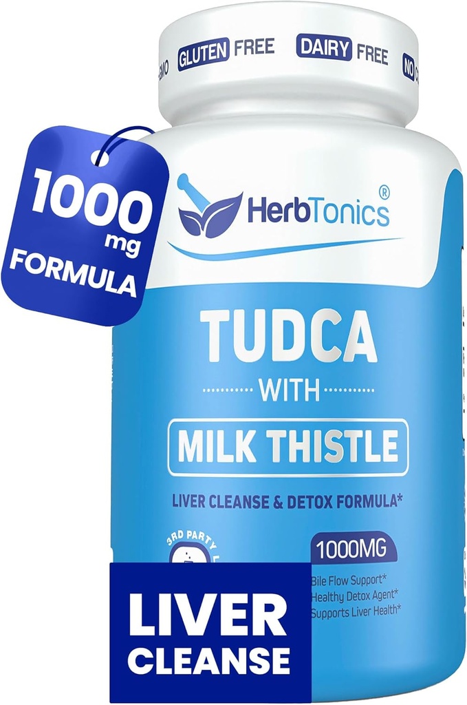 Herbtonics TUDCA 1000mg máj méregtelenítő és epehólyag támogatás - Milk Thistle & Pterostilbene Enhanced Bile Salt for Live Cleanse, Egészséges epe Flow, és emésztőrendszeri (60 Vegan kapszula)
