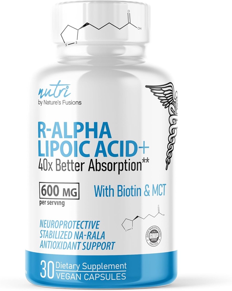 Nutri R Alpha Lipoic Acid 600mg kapslar - R Lipoic Acid Stabiliserad med Biotin - Aktiv form av R-ALA - 600 mg Klinisk dosering - Kraftfull cellulär energistöd - 30 Vegan kapslar - RALA