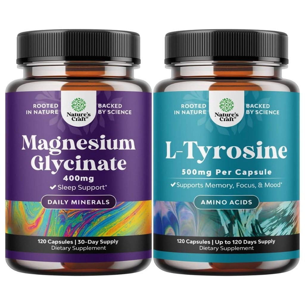 Bundle of Magnesium Glycinate 400mg Capsules and Potent L Tyrosine 500mg Capsules - for Sleep Support Bone Health Muscle Recovery - Amino Acid Nutritional Supplement for Brain Health Thyroid Support