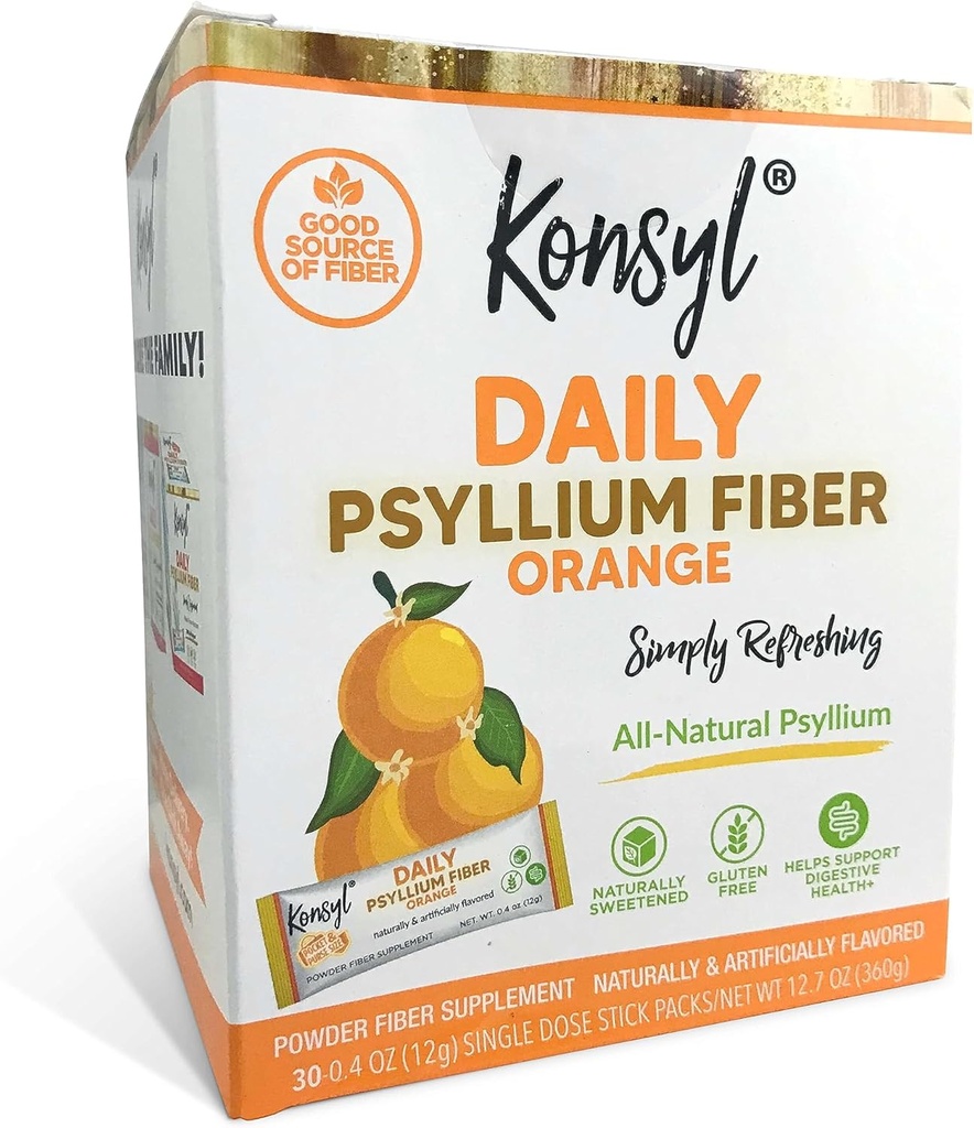 Konsill Daily Fimber สีส้ม 100% Syllium Husk formults - น้ําหวานธรรมชาติ - กลูเทน อิสระ - 30 แพ็ค