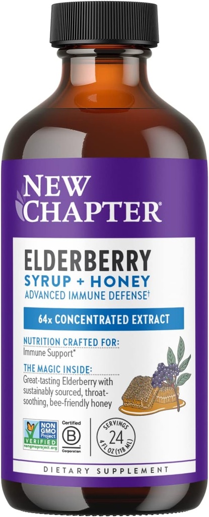 New Chapter Elderberry Syrup, 24 Servierungen, Immunabwehr für Erwachsene & Kinder (2+), 64x Konzentrierte schwarze Elderberry + Throat-Soothing Grade Ein Honig, Non-GMO-Projekt Verifiziert, Glutenfrei