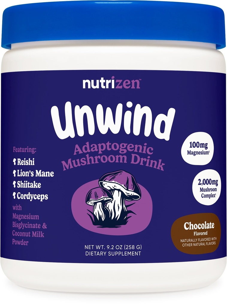 Nutricost Nutrizen PM Unwind Adaptogenic Mushroom Drink (Chocolate Flavored) 30 Servings - Includes Reishi, Lion's Mane, Shiitake, Cordyceps