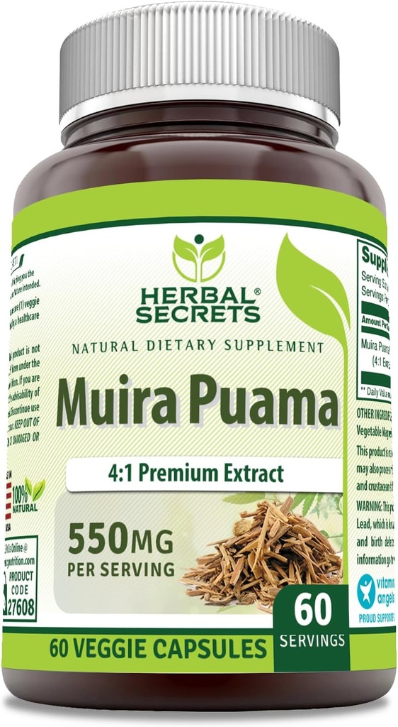 Segredos de herba Muira Puama 4: 1 Suplemento de extracto | 550 Mg | 60 cápsulas de Veggie | Non-GMO | Gratuíto de glute | Feito en Estados Unidos