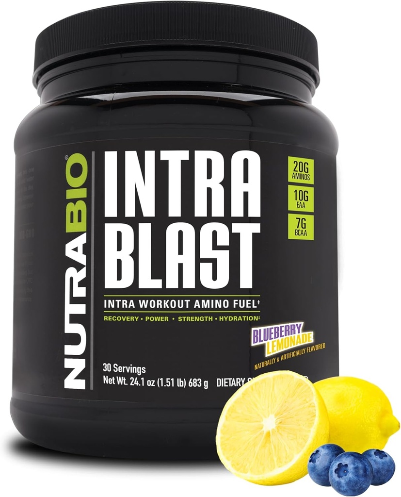 NutraBio Intra Blast Bcaa Powder Aminoazido gehigarria, Electrolyte & Hydration Blend, Intra, Pre Workout & Muscle Recovery, 20g Eaa Amino Acids Powder, 5g Glutamine- Blueberry Lemonade, 30 zerbitzatu