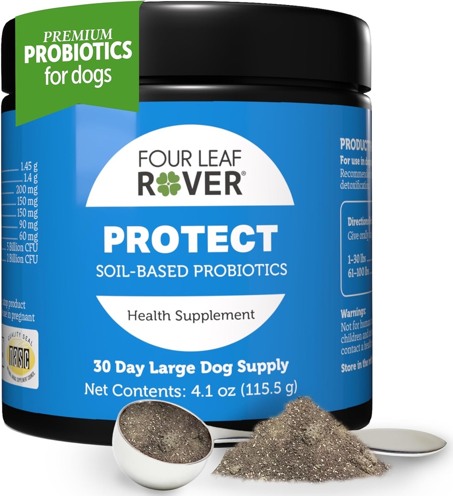 4 Leaf Rover Protect - Probiotics for Dogs - Veterinarian Formulated - with Natural Prebiotics and Antioxidants - Detoxification & Gut Health - 30 Day Large Dog Supply