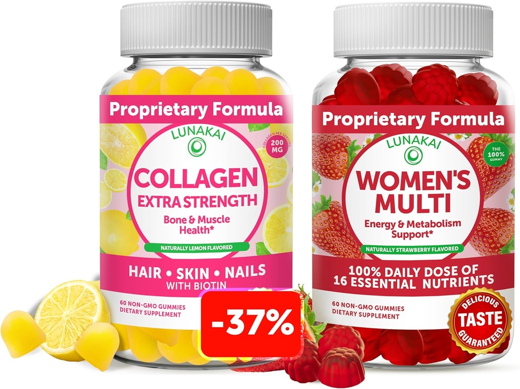 Lunakai Collagen ja naisten Multivitamiini Gummies Bundle - ei-GMO-anti-aging lisäravinteet Biotiini, sinkki, C-vitamiini ja E - 100% päivittäinen arvo 16 välttämättömiä vitamiineja ja kivennäisaineita - 30 päivää tarjonta
