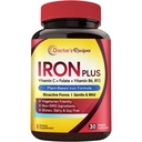 Doctor's Recipes Iron Supplement for Women Men - Gentle Iron Bisglycinate with Vitamin C, B6, Folate & B12, Stomach Friendly Iron Pills, 30 Vegan Caps
