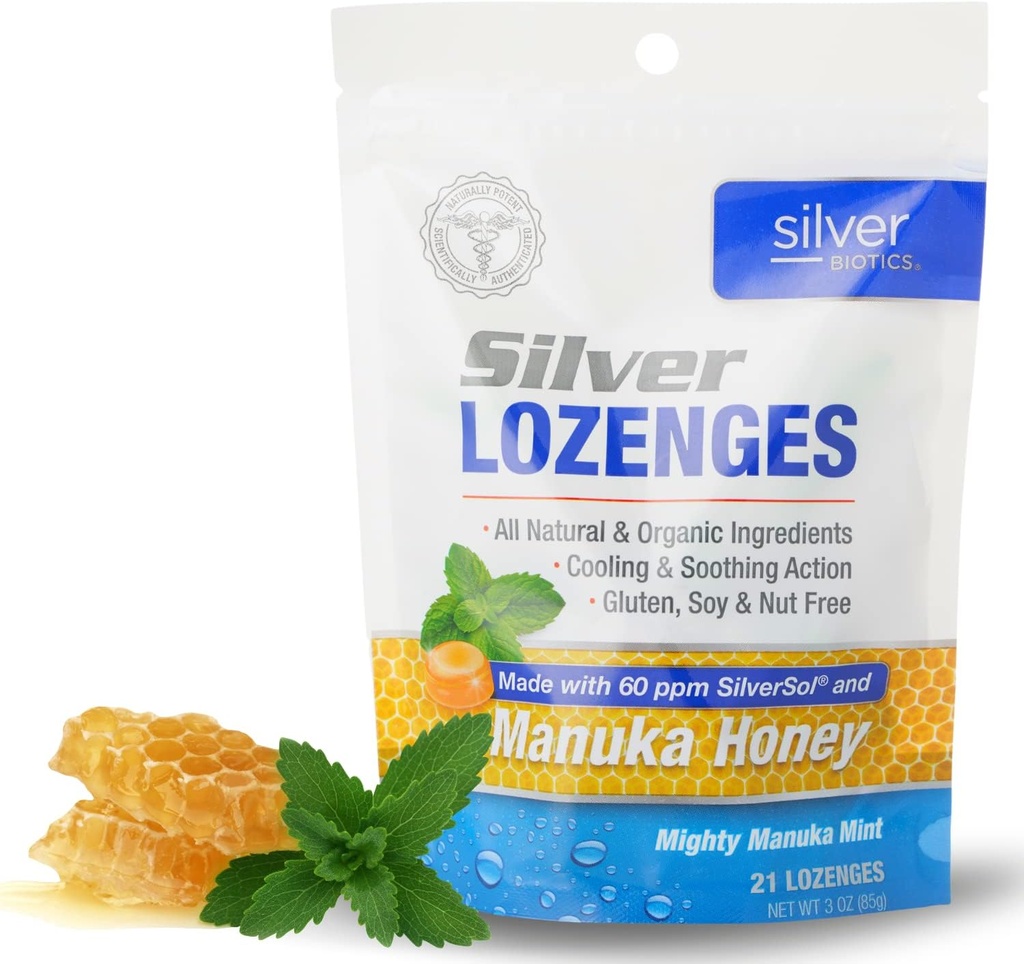 Silver Biotics Colloidal SIlver Lozenges | 60 PPM Ag4O4 SilverSol | Supporto immunitario + Throat Soothing Lozenges | Manuka Honey | 21 Count