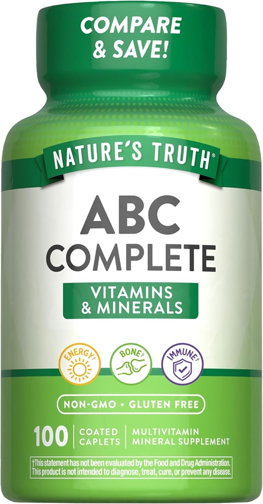 La veritat a l'ABC de la natura ha acabat multivitamin per a homes i dones 100 Caplets No-GMO i Guten Free