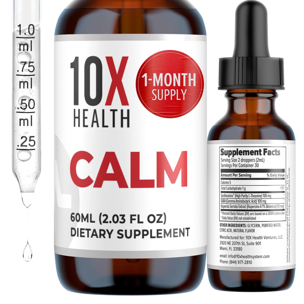 10X Health Calm L Theanine Supplement Liquid Drops - 100mg L'Theanine Drops & 100mg GABA Supplements to Support Nerves, Calm & Stress - Natural Flavor 2.03 Fl oz.