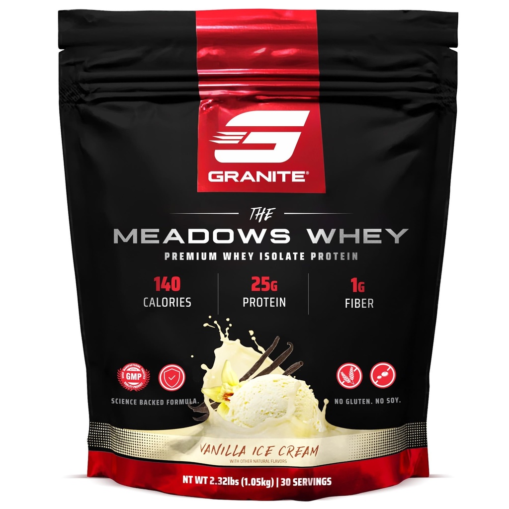 Granite Supplements The Meadows Whey Protein Isolate Protein Powder for Lean Muscle with 150 Calories, 2g Fiber, 1g Sugar (30 Servings), Vanilla Ice Cream Flavor