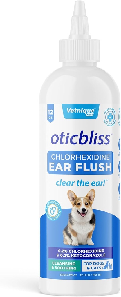 Vetnique Oticbliss Traitement d'infection à l'oreille des chiens médicamenteux, nettoyant antiseptique pour les oreilles de chat et de chien Solution de nettoyage avec Chlorhexidine et Ketoconazole (12oz Flush)