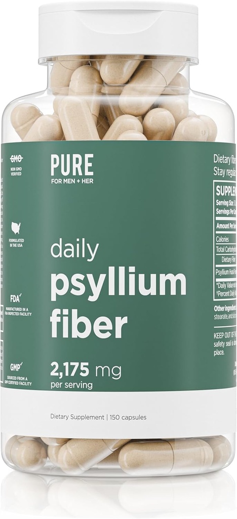 Psyllium diário Husk Fiber Supplement by Pure for Men & Pure for Her □ Regularidade digestiva e suporte de saúde de tripa