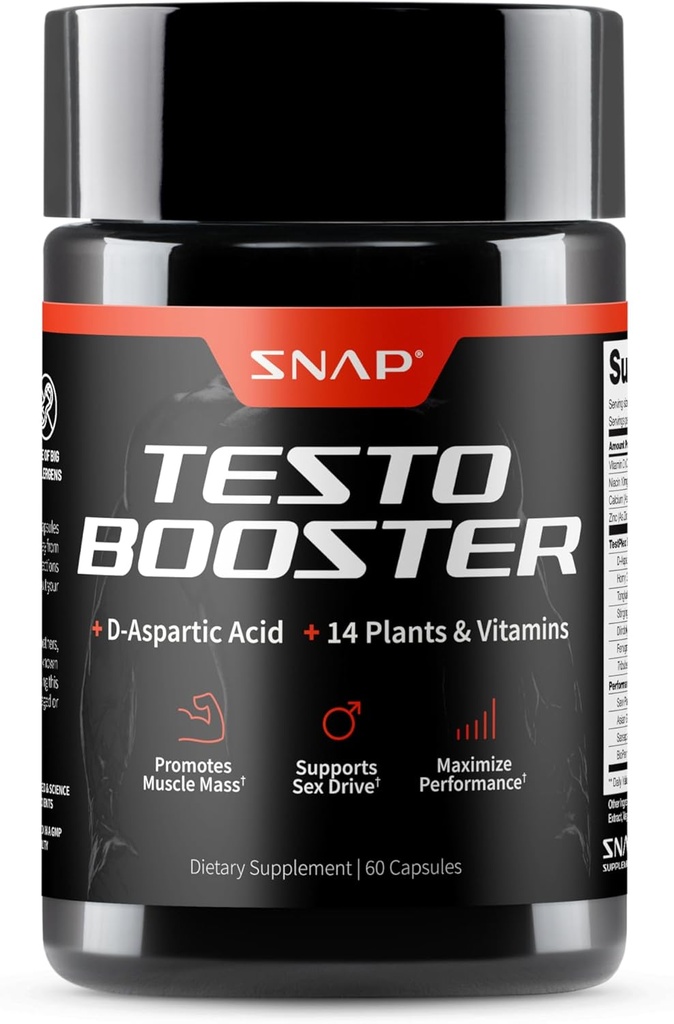 Snap Supplements Testosteron Booster für Männer - fördert Muskelwachstum, Booster für Männer, Steigerung der natürlichen Energie, Stamina und Stärke, 60 Kapseln