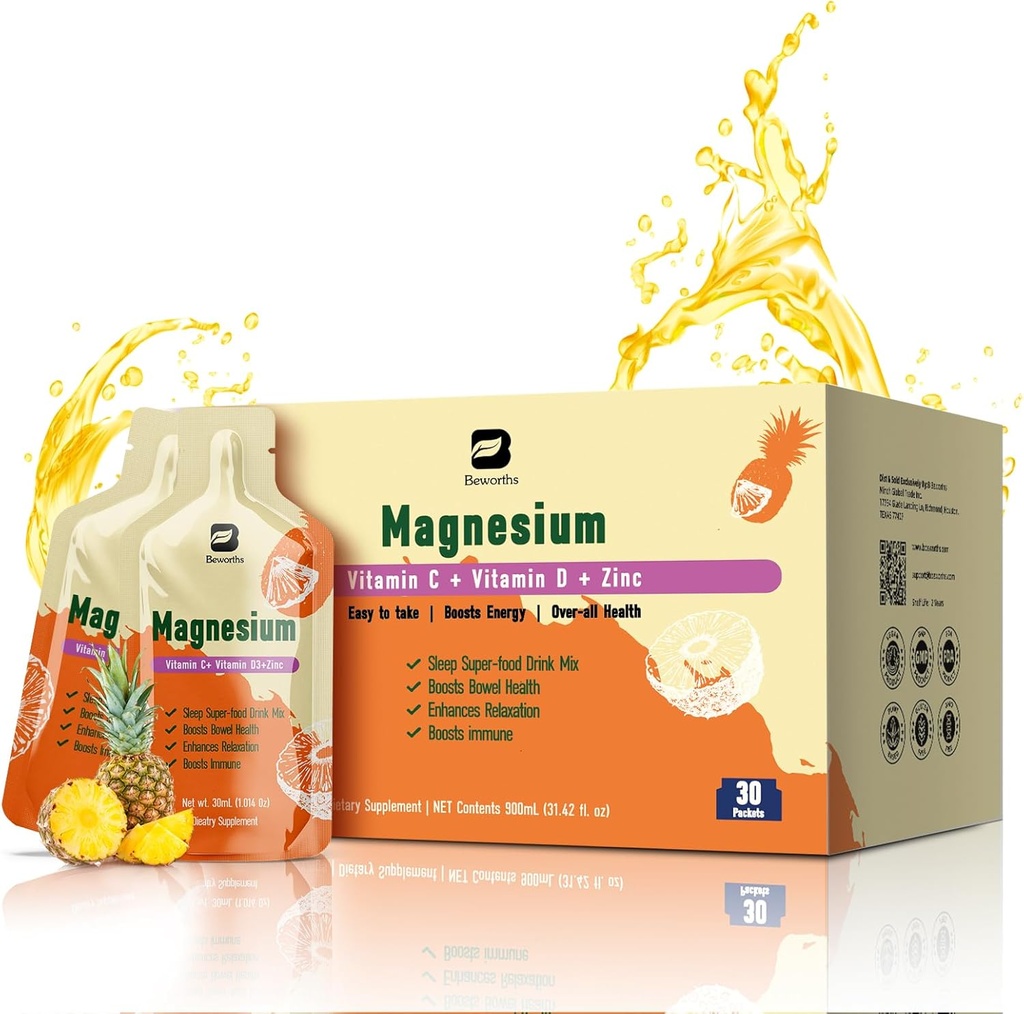 Supplément liquide de Citrate de magnésium 280Mg avec Bromelain, Vitamine C, D3, B6, Zinc, Haute Absorption de Citrate de magnésium pour Constipation, Zzz & Énergie