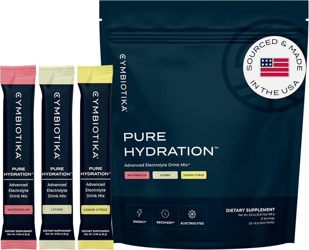 CYMIOTIKA Pure Hydration Electrolytes Powder Drink Mix with Vitamine C & Magnesium, Keto Friendly Electrolyte Hydration Packets, Variety Pack, Lemon, Lychee & Watermeloen, 7 Each, 21 Stick Packets