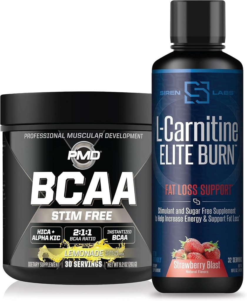 PMD Sports BCAA Stim Gratis for gjenoppretting og ytelse Lemonade (30 Serveringer) & Siren Labs L-karnitine Elite Burn fett tap støtte Strawberry Blast 3000 mg (32 Serveringer)