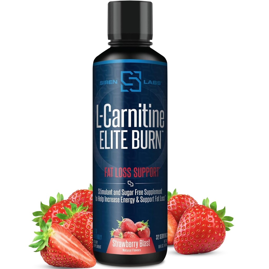 SIRENLABS L-Carnitine Elite Burn Liquid Keto Fat Burner and Metabolism Activator - Fat Loss Support Keto Friendly Weight Loss Increase Energy - Stimulant Free - Strawberry Blast 3000mg (32 Servings)