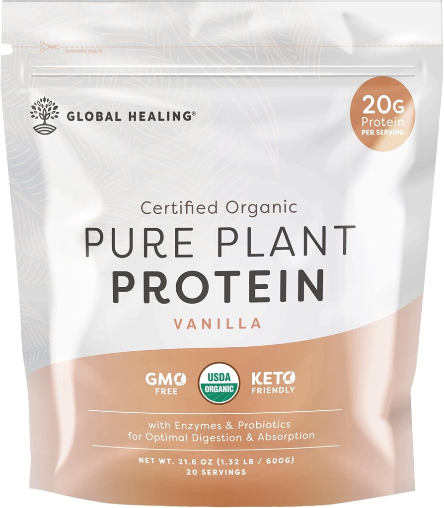 Global Healing Vegan Vanilla, Bast Protelin Powder per a Dones i homes, Organic, Substitució Meal (20 Servings, 20g de Protein)