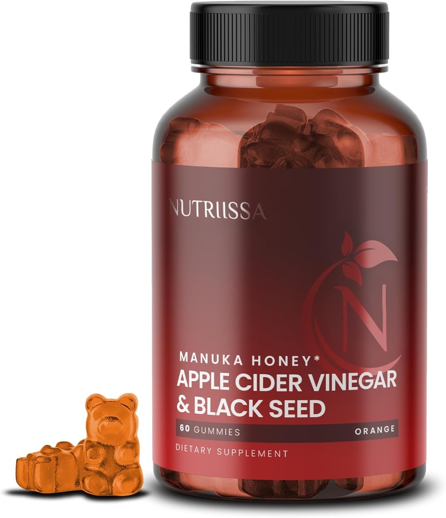 Nutrissa - Apple Cider Vinegas + Black Seed Oil + Elder Berry + Manuka Honey Gummies - Cold- Pressed Cumin Seed Nigella Sativa - EPAB Certified for Renhed & Potency - 60 Orange Flavored Gummies