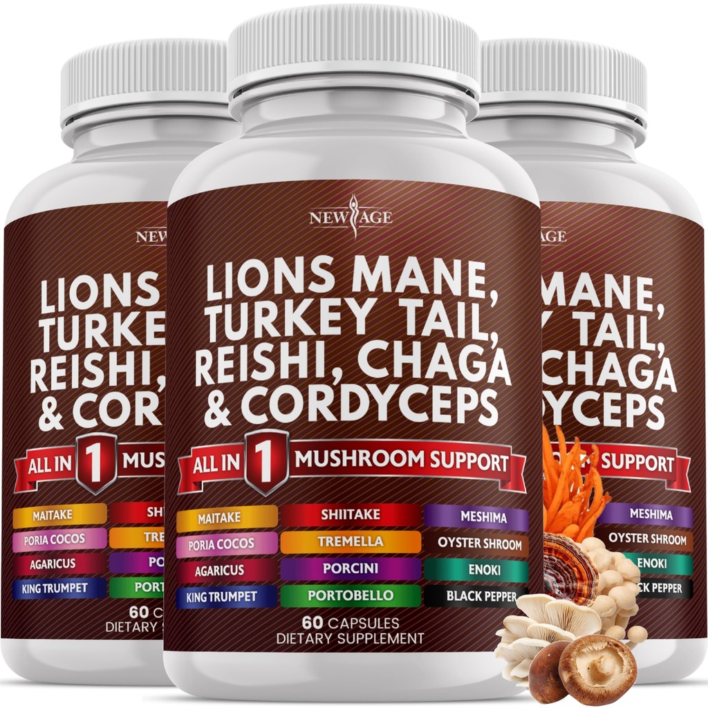 NEW AGE Lions Mane Mushroom Supplement with Turkey Tail Reishi Cordyceps Chaga with Marshmallow Root 180 Count