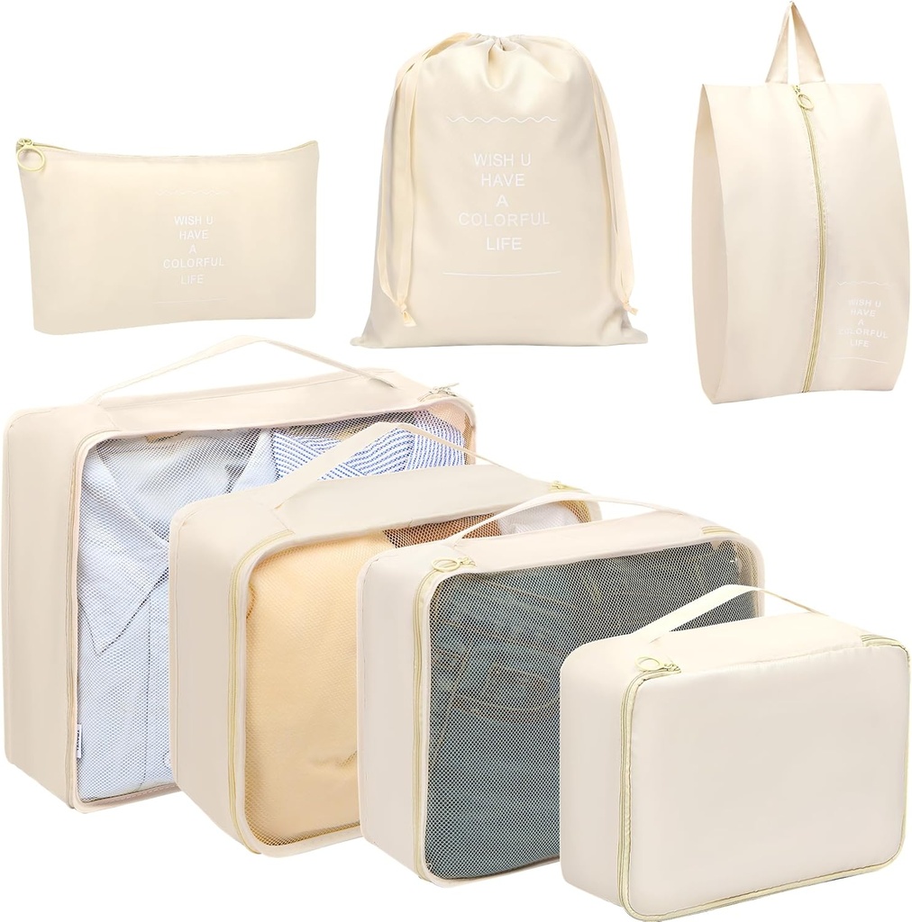 Toplive 7 Sæt Packing Cubes til Rejser, Bagage Organizer tasker til Rejser Tilbehør, Kompression Packing Cubes, Beige