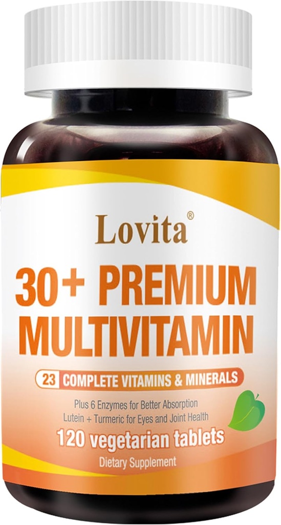 Multivita Premium Lovita para adultos 30 + con enzimas, Turmeric & Comprehensive Nutrient Support - 120 Tablets vexetarianos