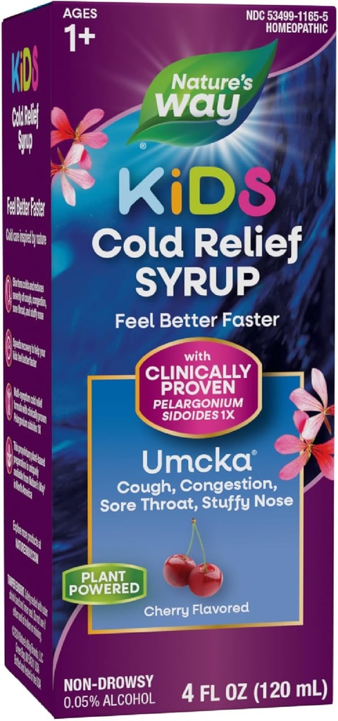 Naturens Way Cold Relief Syrup för barn 1+, Umcka, Shortens Duration & Reduces Severity, Multi-Symptom Cold Relief, Homeopathic, Phenylephrine Free, Cherry Flavored, 4 Fl Oz (Packaging May Vary)