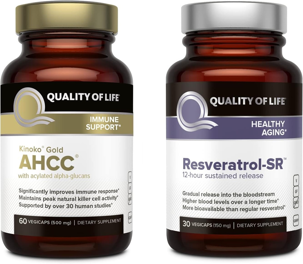 生命の質の特徴 Kinoko の金 AHCC および Resveratrol SR は解放の方式を持続させました - 免疫、健康な老化の束