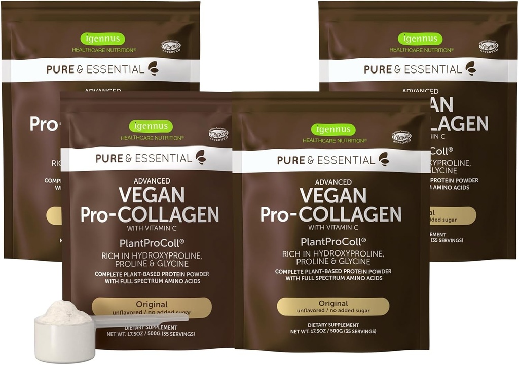Igennus Vegan Collagen Peptide Powder, Enhanced with Glycine, Proline & Hydroxyproline & Cofactor Vitamin C, Non GMO, Complete Vegetarian Plant Based Collagen Powder Booster, 4 x 35 Servings