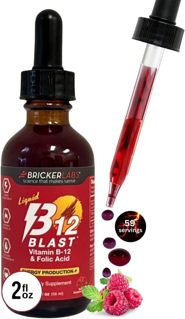 Bricker Labs B-12 爆裂液体维生素B12和叶酸补充剂,支持能源生产,大品味液体维生素B12 天然草莓Flavor饮食补充剂,2 fl oz瓶