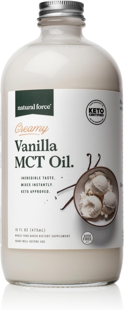 Natural Force Creamy Vanilla MCT Olioa - Ez da Dairy, Keto Certified, MCT emulatuak behe-Carb, Ketogenic Coffee, Smoothies, & Shakes - Mixes Instantly + No Blending required - 16 Oz Glass botila