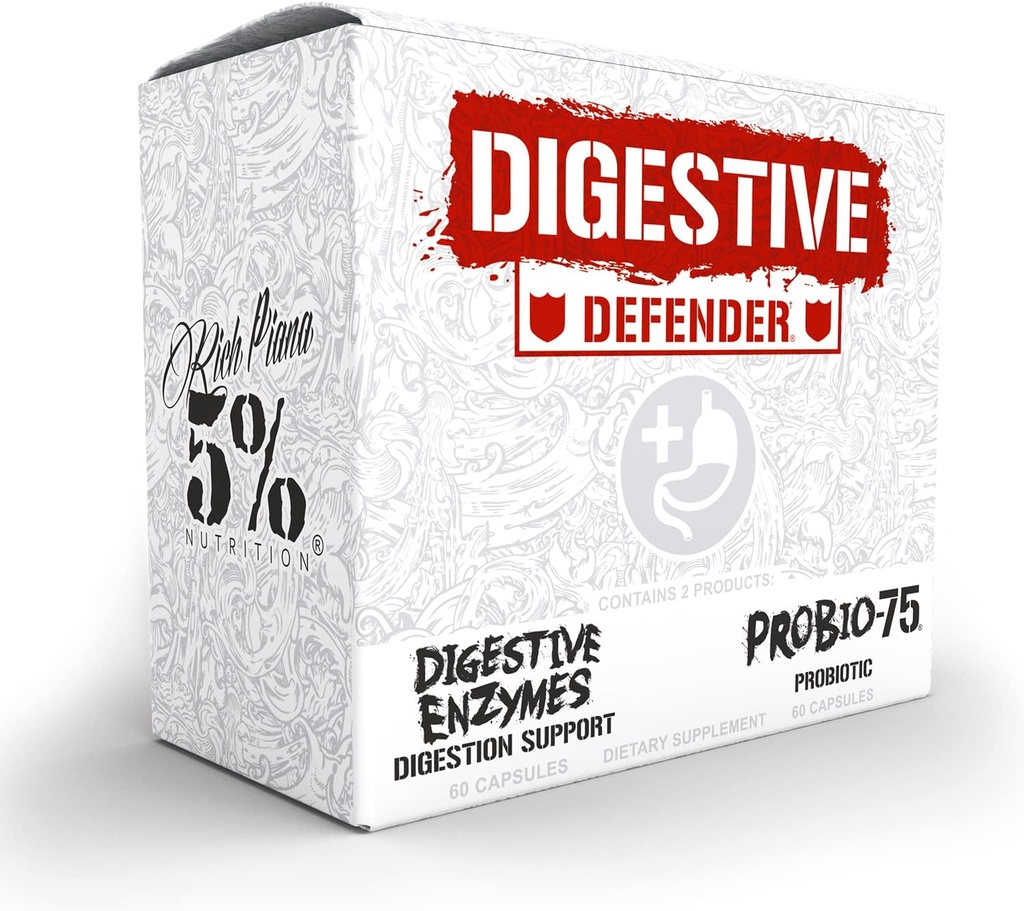 5% Nutrition Rich Piana Digestive Defender | Probio-75 & Digestive Enzymes Digestion Təhlükəsizlik Probiotik və Prebiyotik Fiber ilə Premium Quality Enzymes