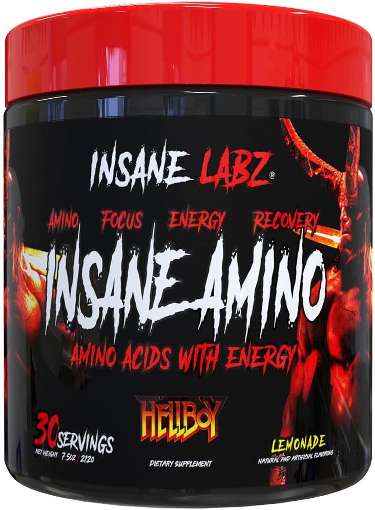 Insane Labz Insane Amino Hellboy Edition, BCAA med Energy Focus Muscle Recovery, Intra Workout Powder, 2 1 Branched Chain Amino Acid Powder, 30 Srvgs, Lemonade