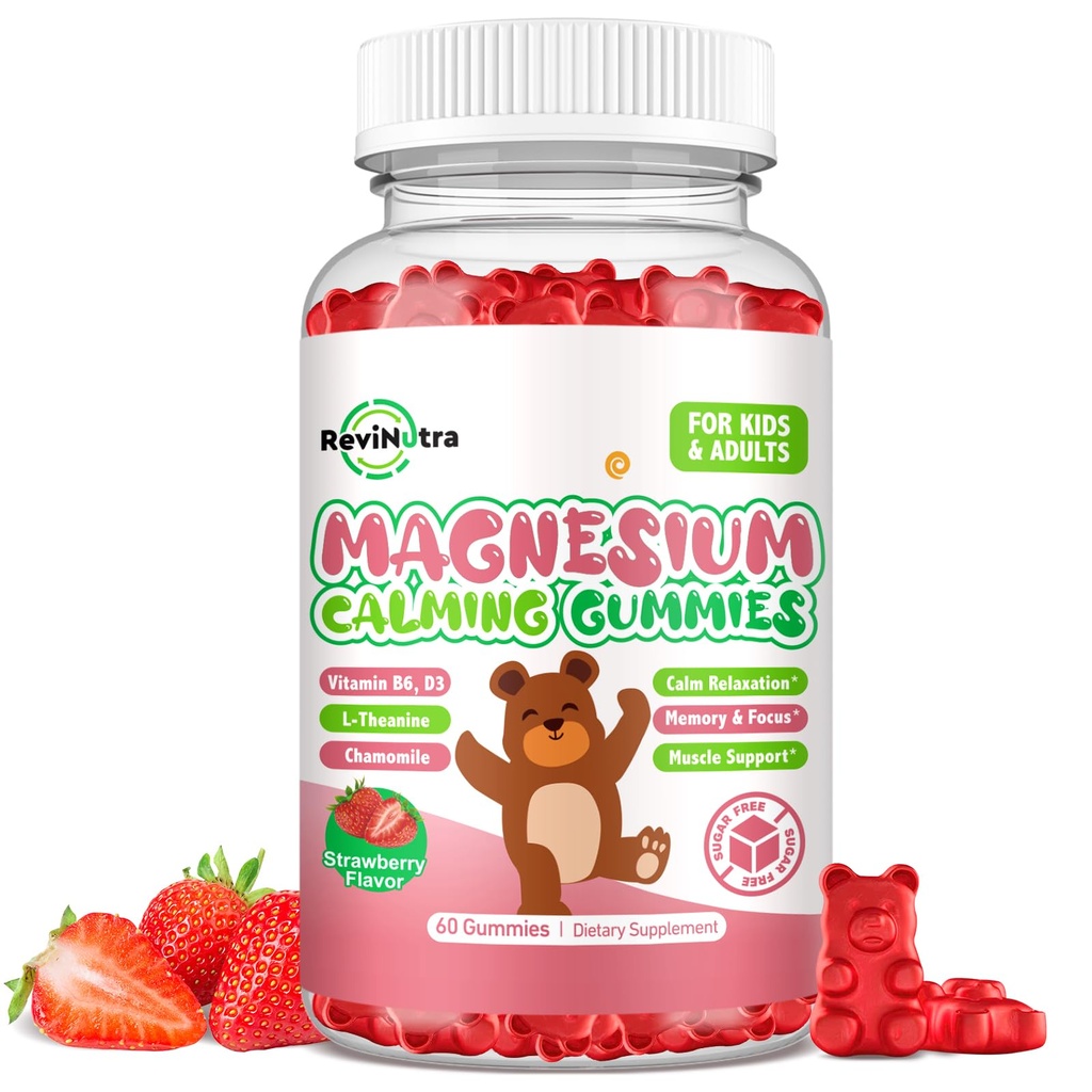 Magnesium Gummies for Kids - Magnesium Glycinate Gummies Supplement with L-Theanine, Vitamin B6, D3 for Kids & Adults Sleep, Calm, Relaxation, Brain, Bones, Sugar Free Strawberry 60ct