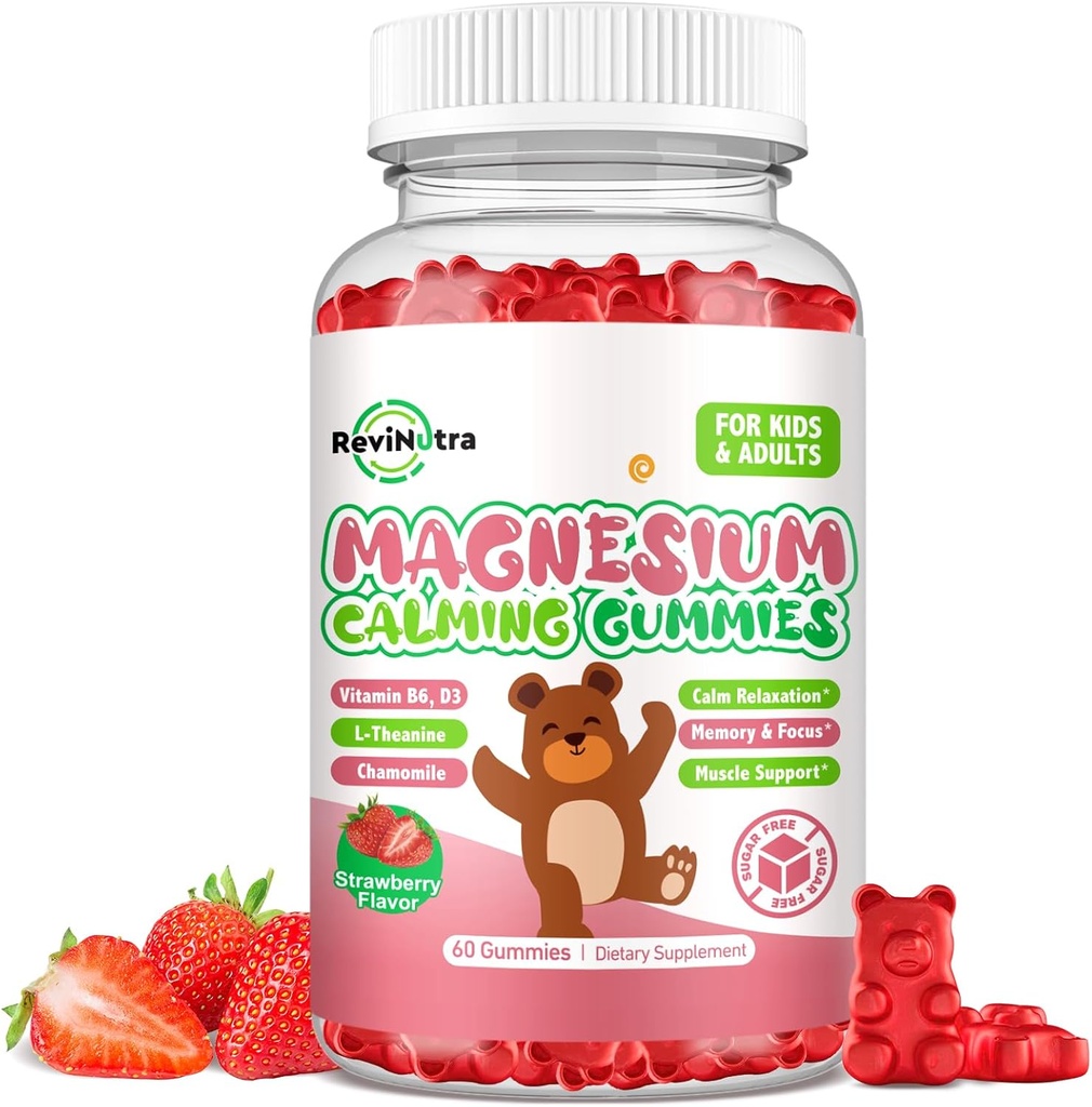 Magnesium Gummies voor kinderen - Magnesium Glycinate Gummies Supplement met L-Theanine, Vitamine B6, D3 voor kinderen & volwassenen slapen, kalmeren, ontspannen, hersenen, botten, suikervrije aardbeien 60ct
