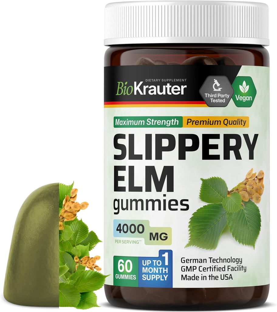 BIO KRAUTER Slippery Elm Gummies 4000 mg - 60 greve 30 dagers levering - Digestiv og pustende støtte - Ulmus Rubra Gummies for Lungs - Slippery Elm Bark for kvinner og menn - Vegan, GMO-fri