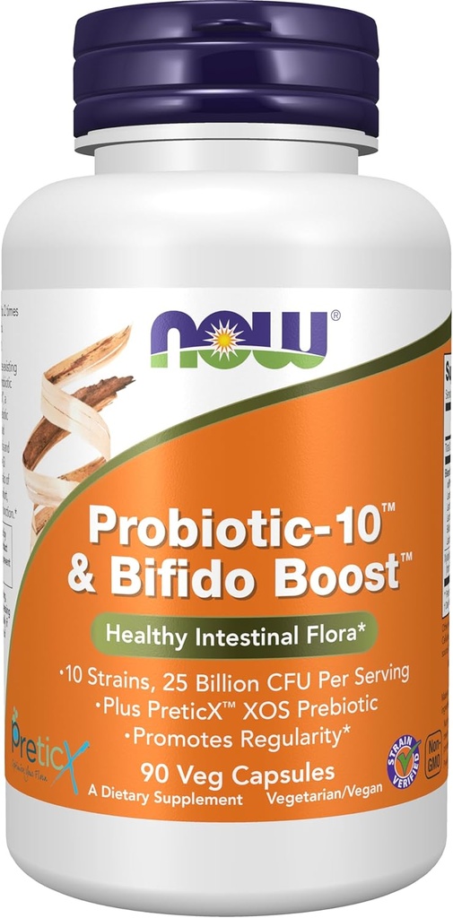 תוספי מזון עכשיו, Probiotic 10TM & Bifido BoostTM עם 10 סטרינס, 25 מיליארד CFU Per משרת, בתוספת PreticXTM XOS Prebiotic, 90 Veg כמוסות